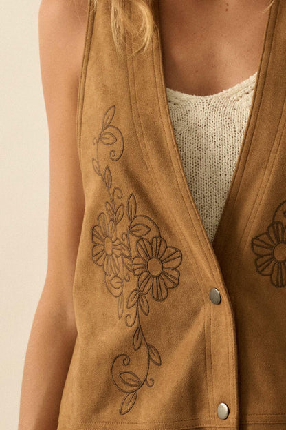 Sweet Meadow Floral-Embroidered Vegan Suede Vest