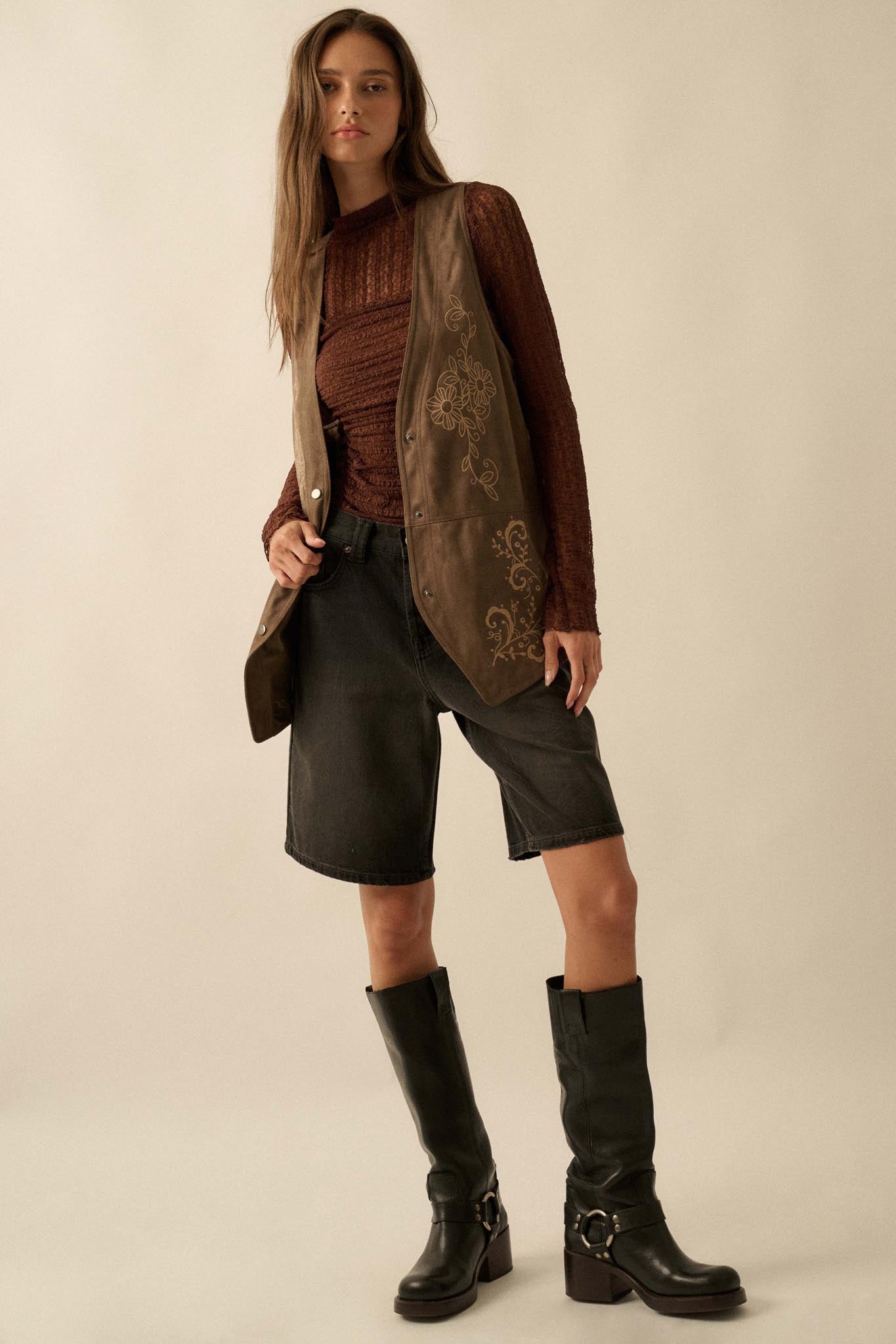 Sweet Meadow Floral-Embroidered Vegan Suede Vest