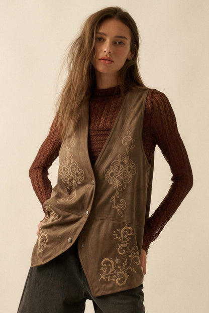 Sweet Meadow Floral-Embroidered Vegan Suede Vest