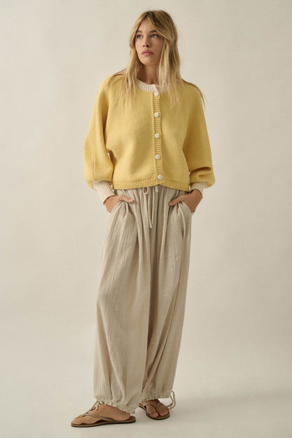 Ready or Not Contrast Knit Bubble-Sleeve Cardigan