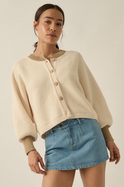Ready or Not Contrast Knit Bubble-Sleeve Cardigan