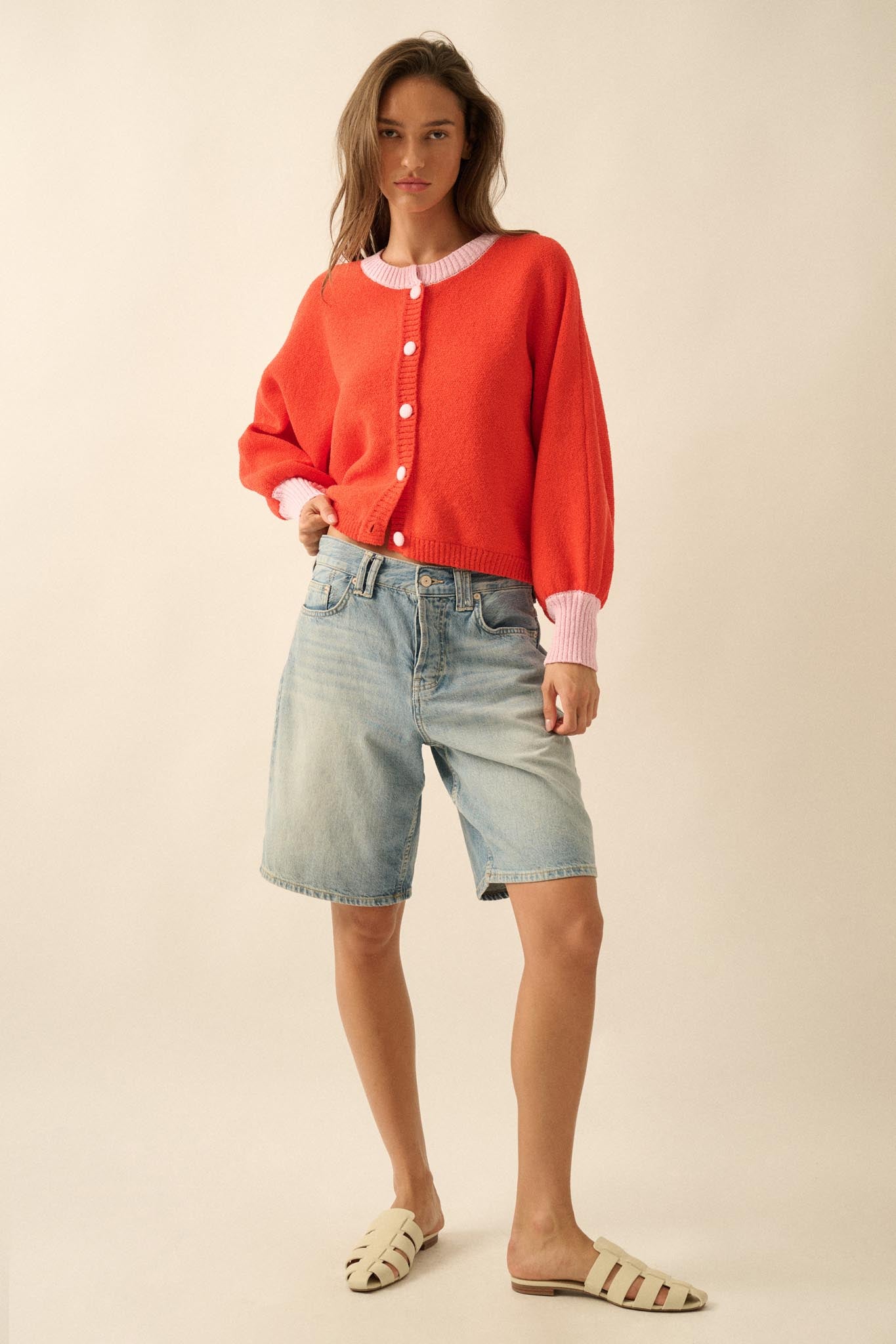 Ready or Not Contrast Knit Bubble-Sleeve Cardigan