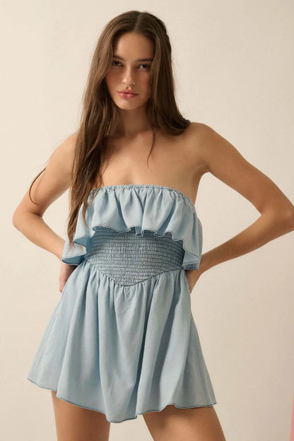 Blue Zone Denim Strapless Flounce Romper