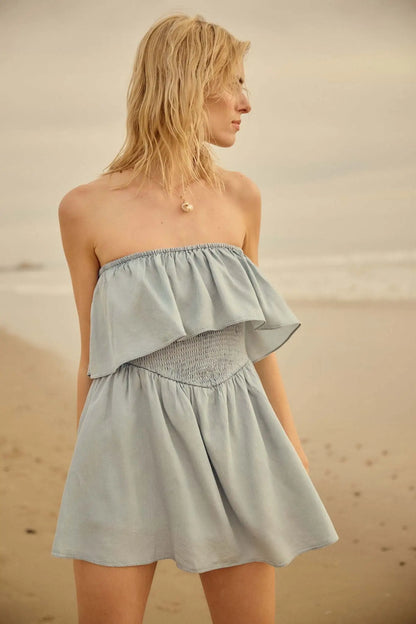 Blue Zone Denim Strapless Flounce Romper