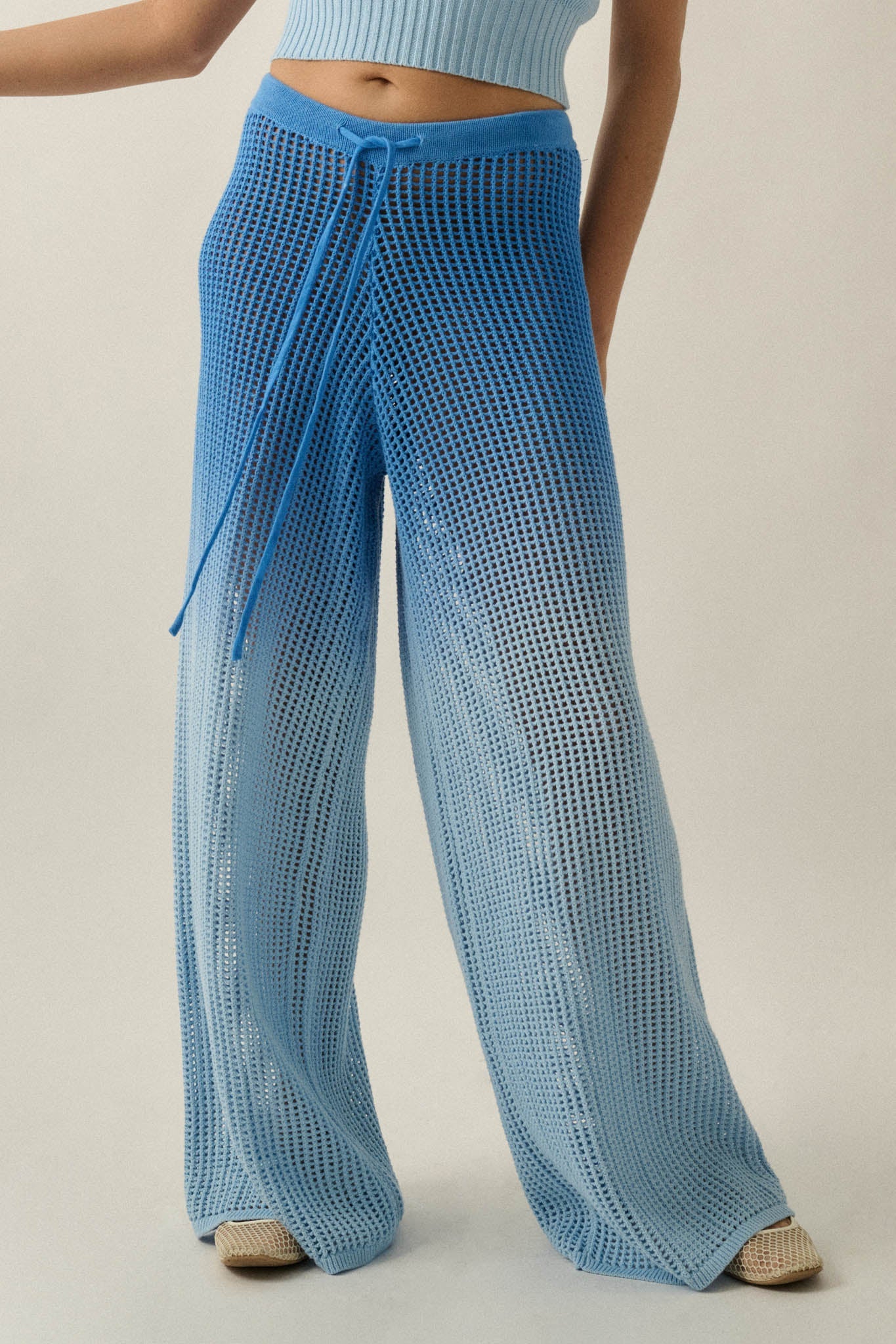 Fade Out Ombre Crochet Open-Knit Drawstring Pants