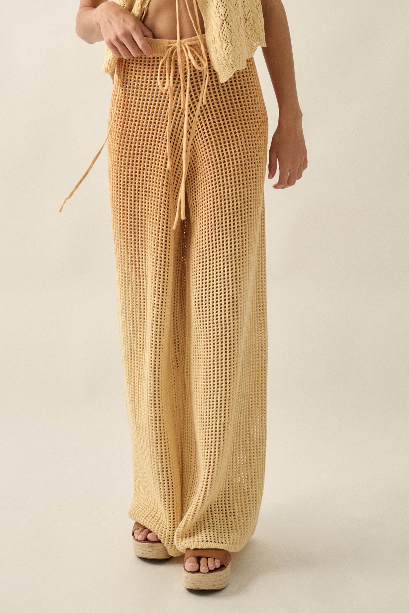 Fade Out Ombre Crochet Open-Knit Drawstring Pants