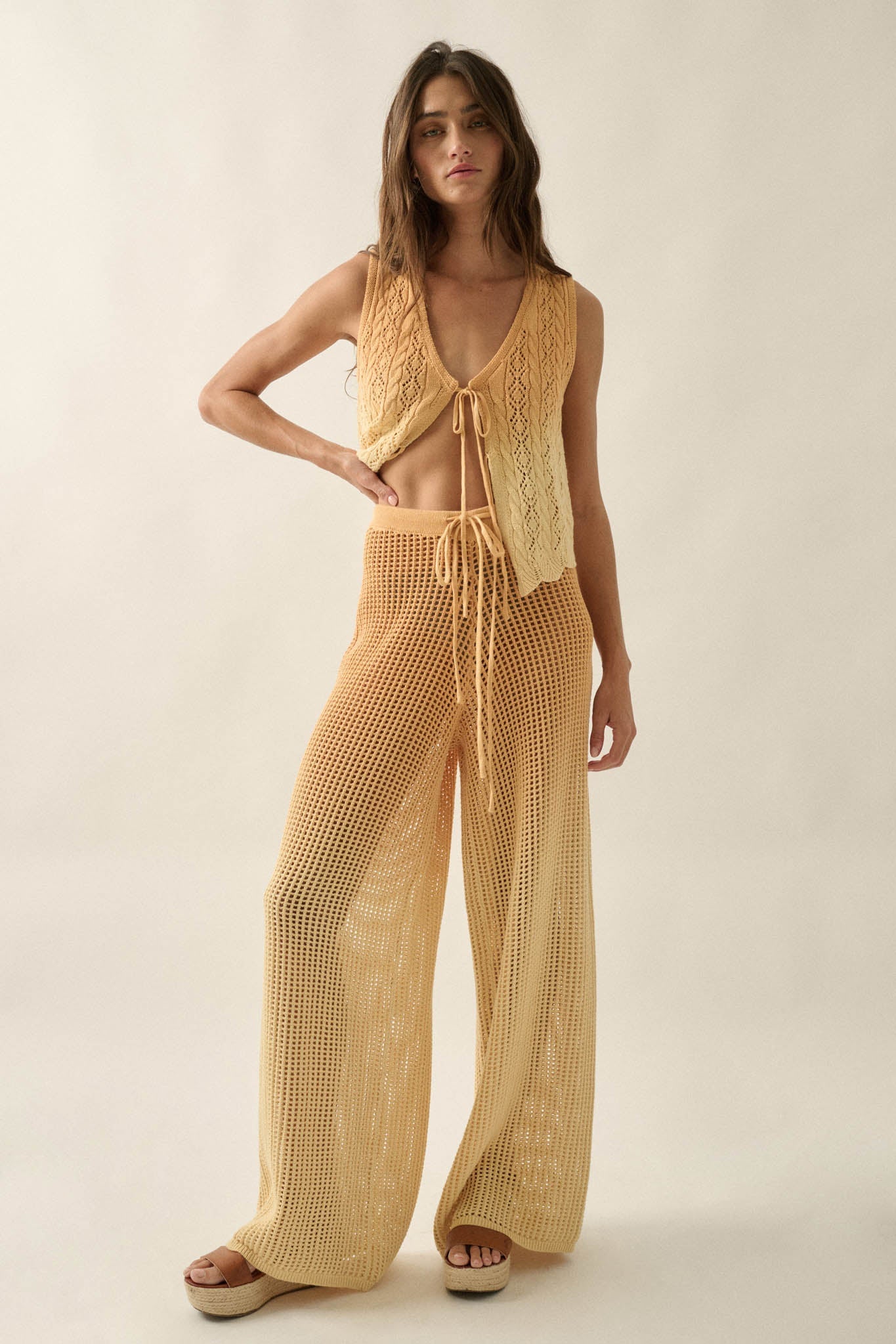 Fade Out Ombre Crochet Open-Knit Drawstring Pants