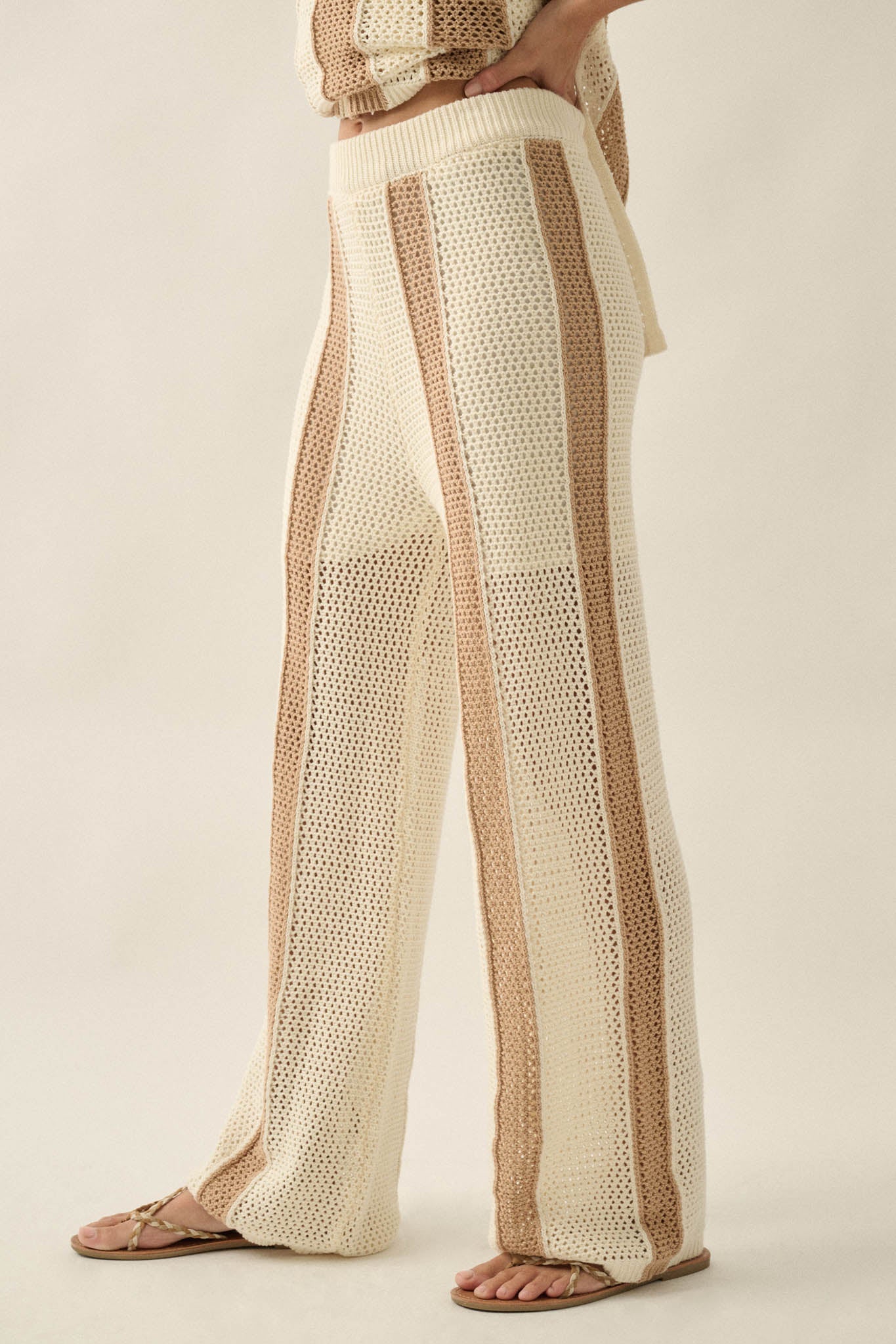 See You Soon Striped Crochet-Knit Sweater Pants