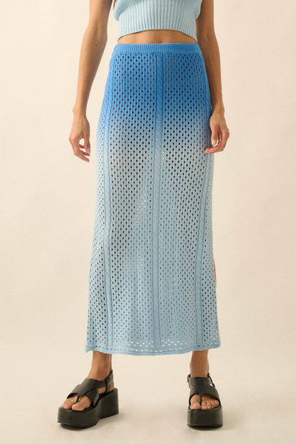 Fade In Ombre Pointelle Crochet-Knit Maxi Skirt