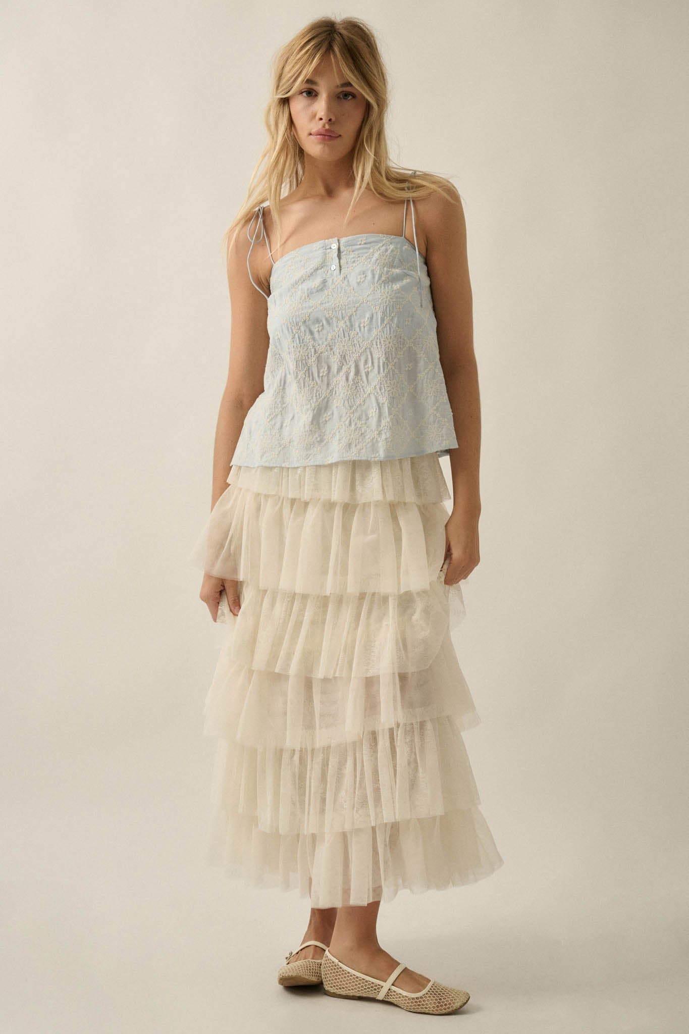 Twirl Power Floral Lace and Tulle Ruffle Maxi Skirt