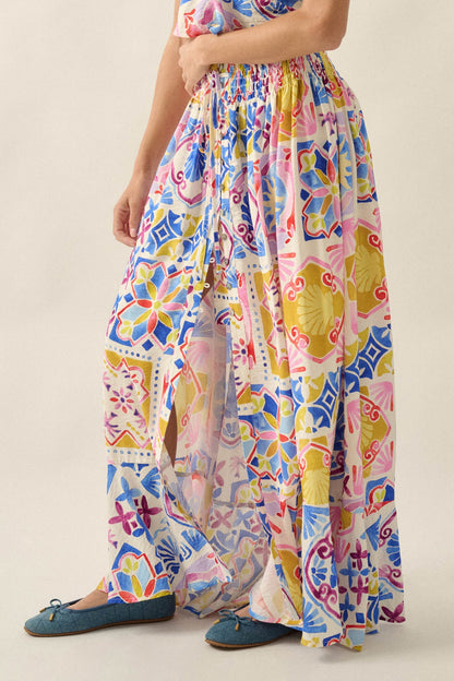 Mallorca Music Tile-Print Button-Front Maxi Skirt
