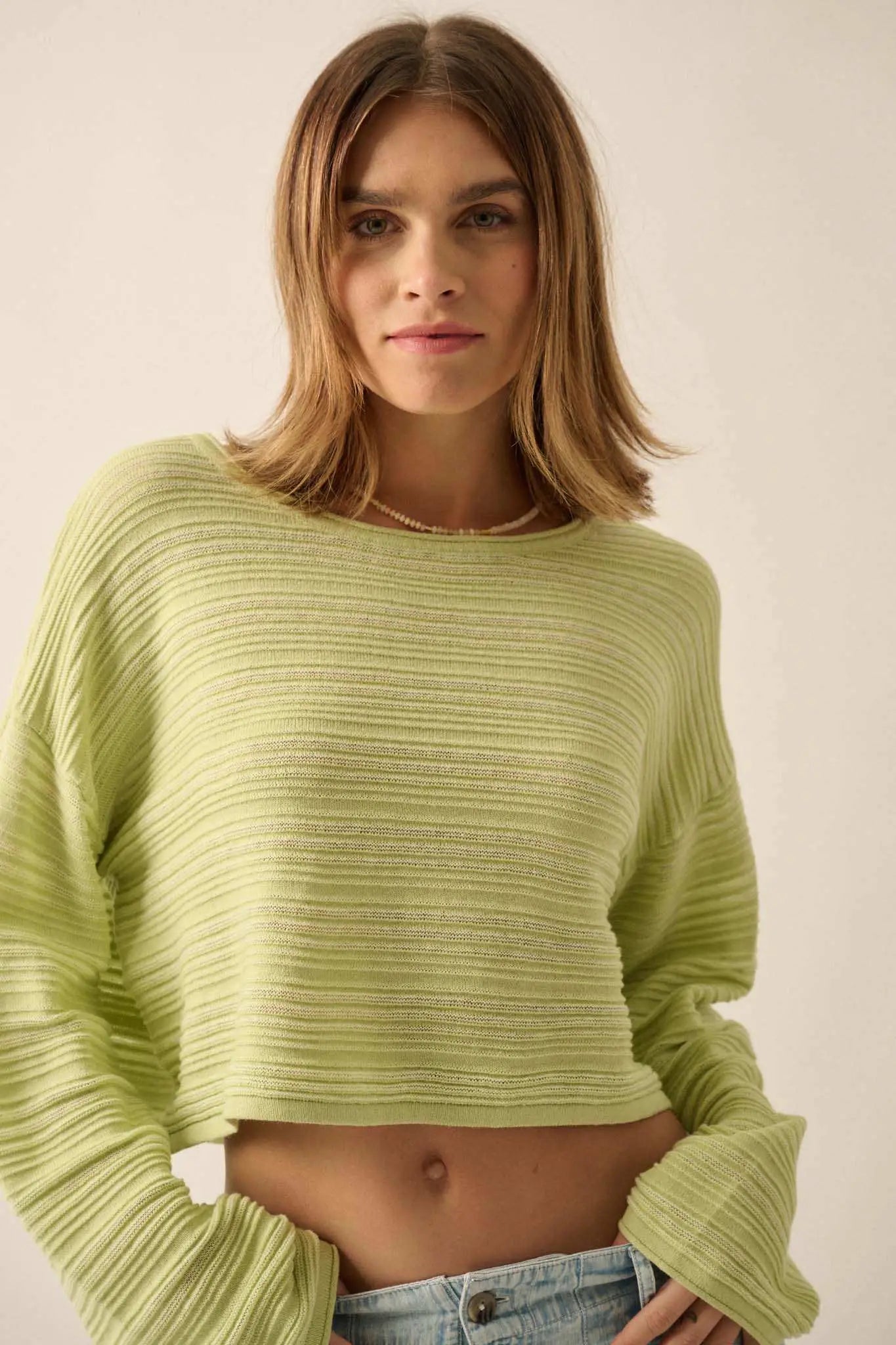 Blurred Lines Horizontal Rib-Knit Cropped Sweater