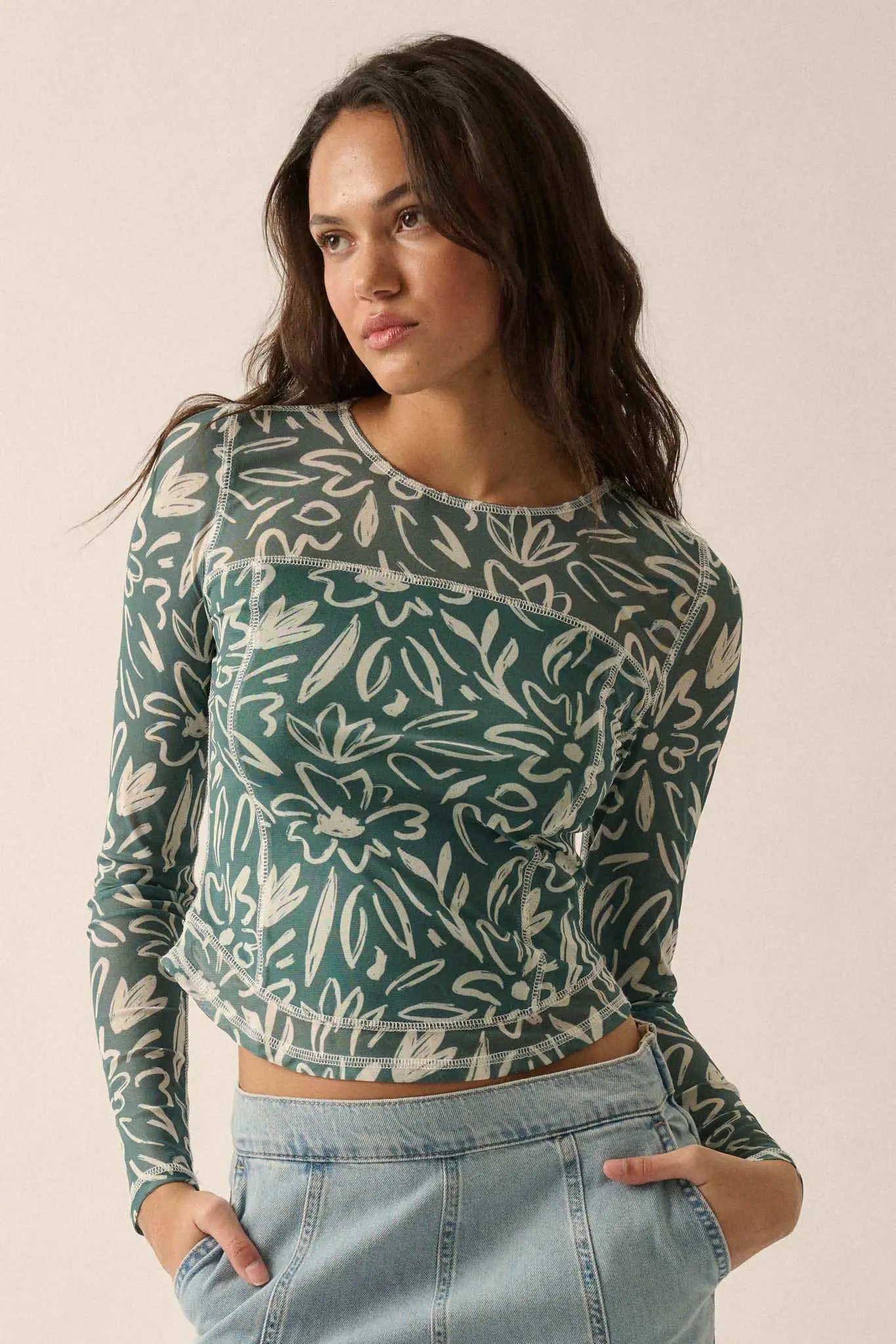 Modern Blossoms Floral-Print Mesh Exposed-Seam Top