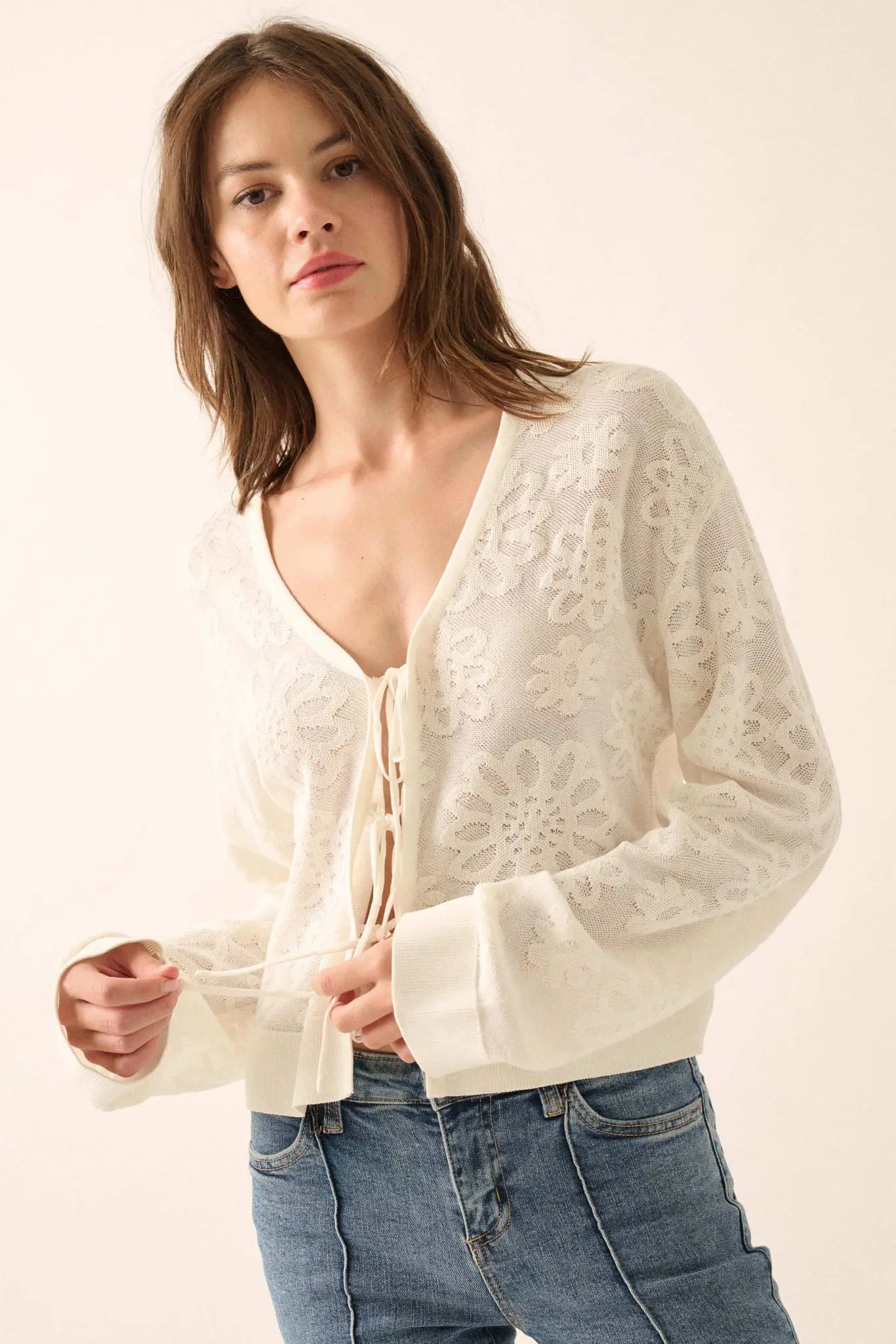 Flower Song Floral Jacquard Knit Tie-Front Cardigan