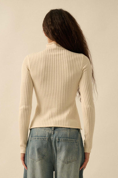 Finer Things Semi-Sheer Rib-Knit Mock-Neck Top