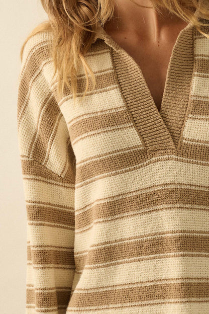 Stripe Out Striped Split-Neck Collared Sweater