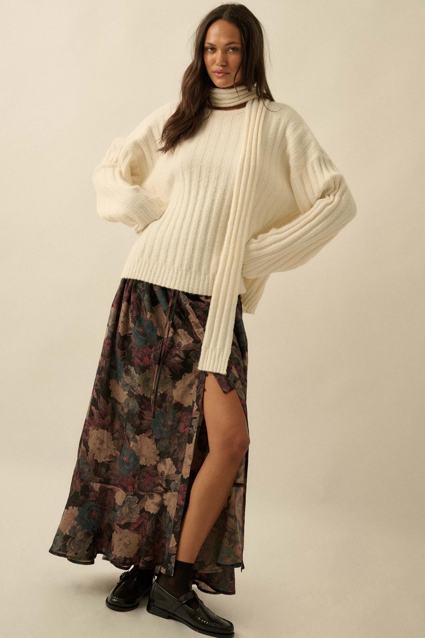 Keep Your Cool Textured Ribbed Knit Scarf Sweater