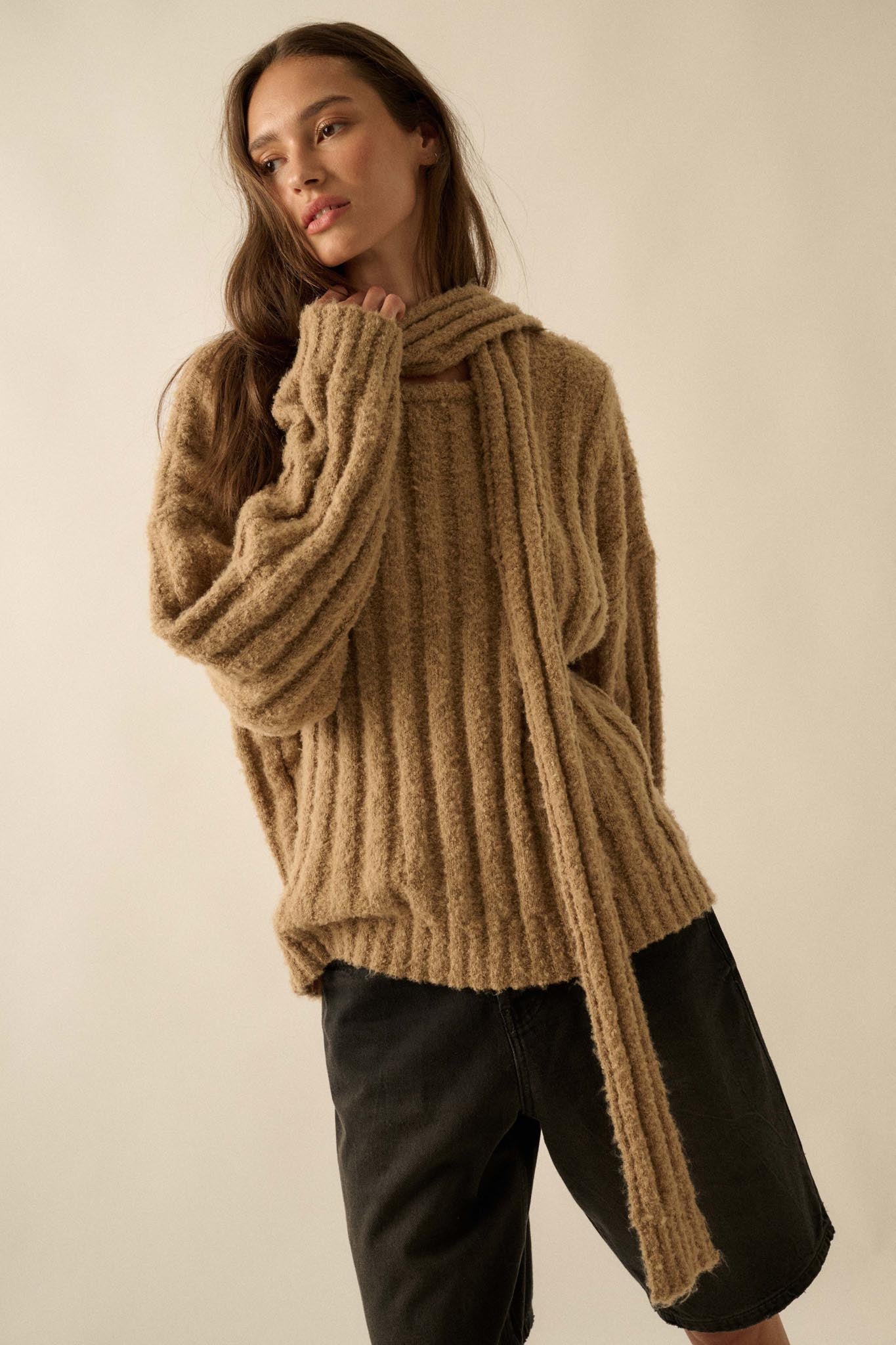 Keep Your Cool Textured Ribbed Knit Scarf Sweater