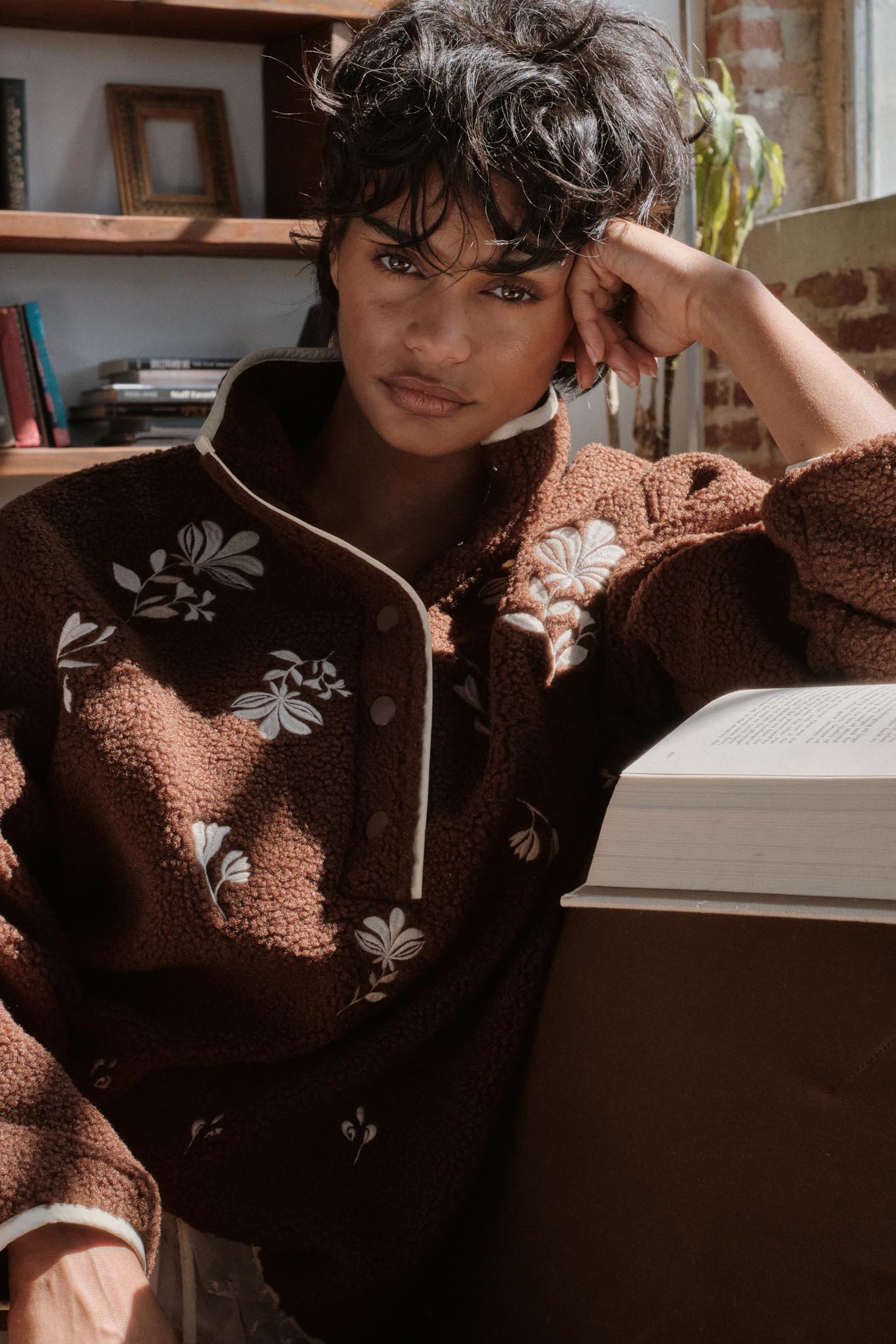 Plush Posies Floral-Embroidered Fleece Pullover
