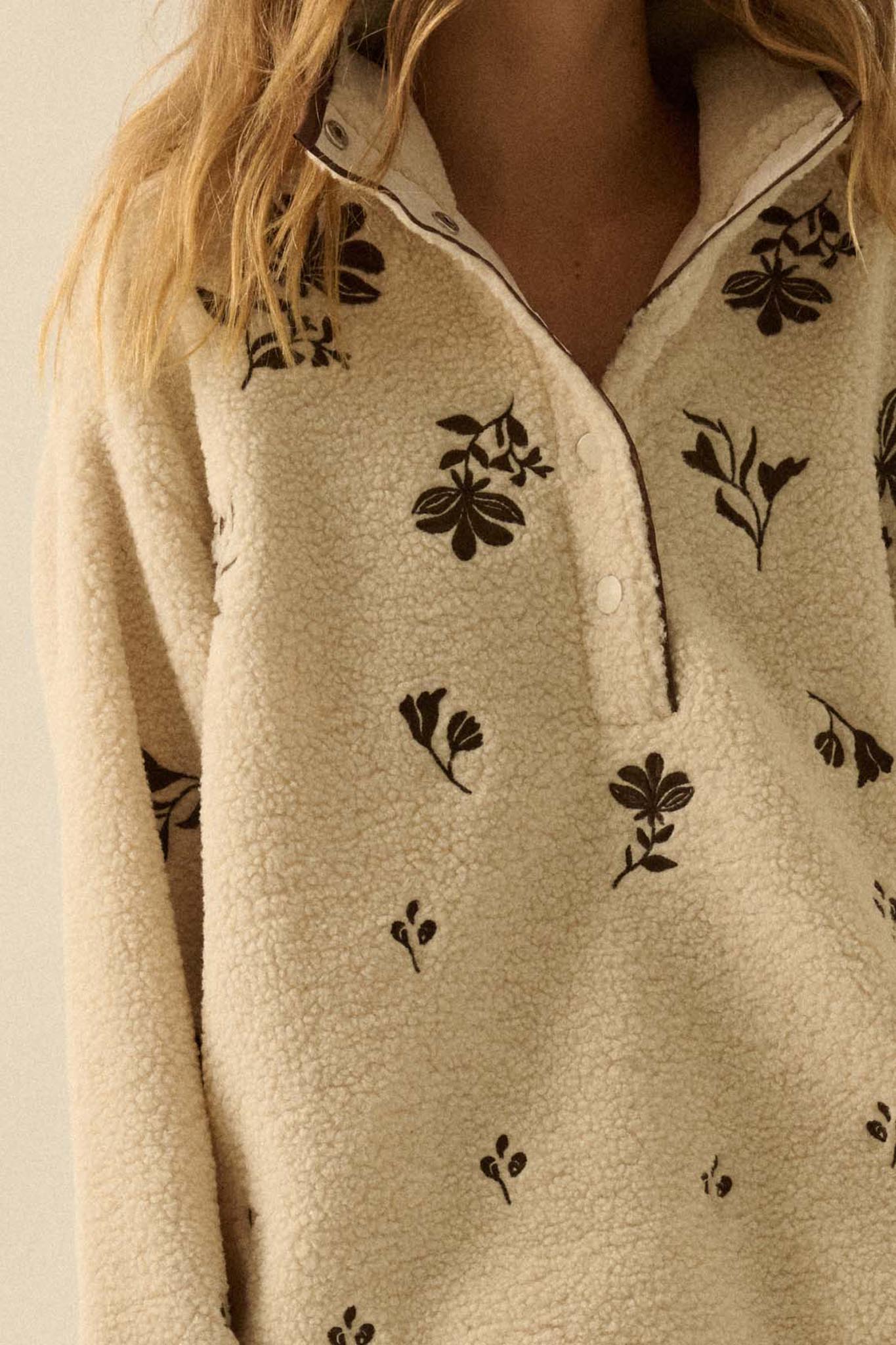 Plush Posies Floral-Embroidered Fleece Pullover