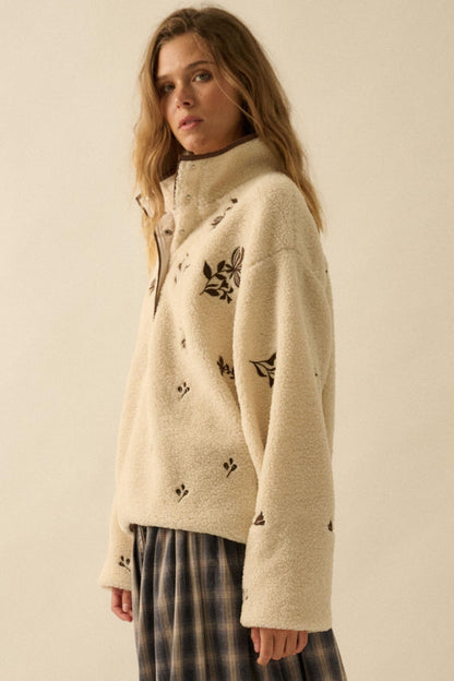 Plush Posies Floral-Embroidered Fleece Pullover
