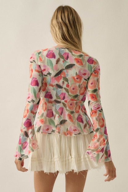 Blooming Brushstrokes Floral Mesh Bell-Sleeve Top