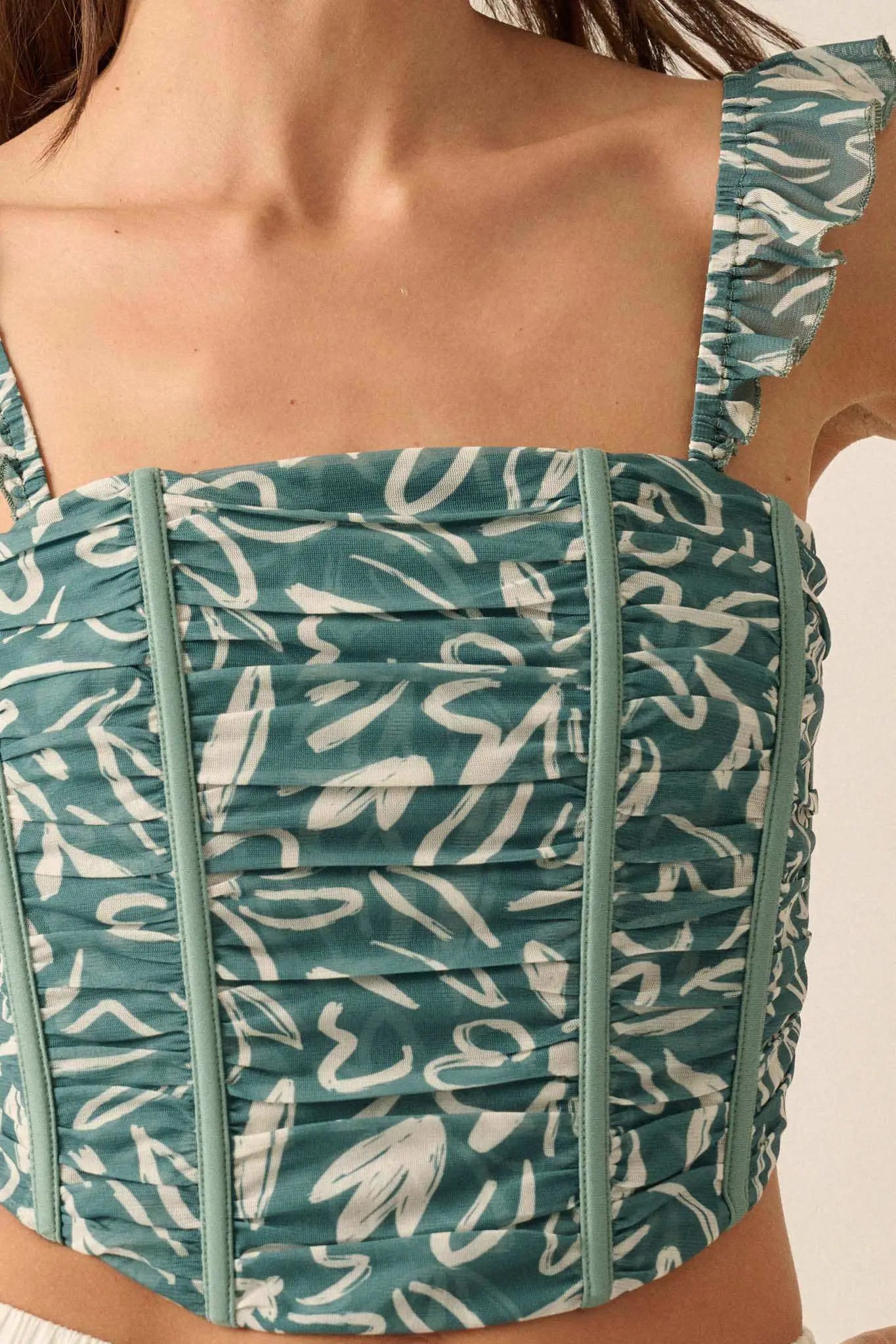 Abstract Blooms Floral-Print Mesh Corset Cami Top