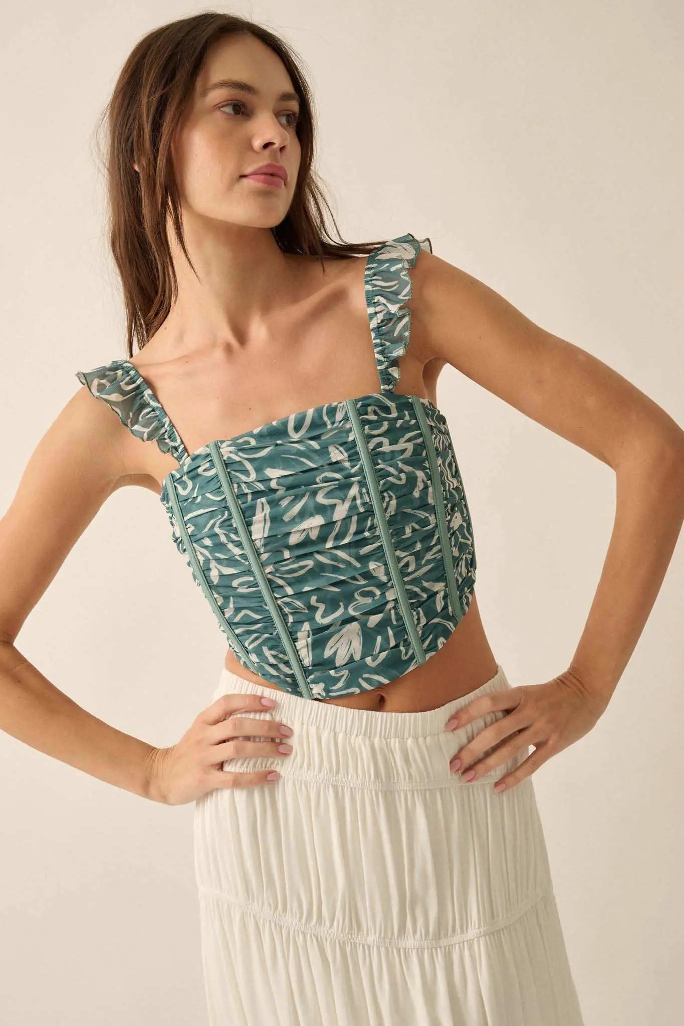 Abstract Blooms Floral-Print Mesh Corset Cami Top