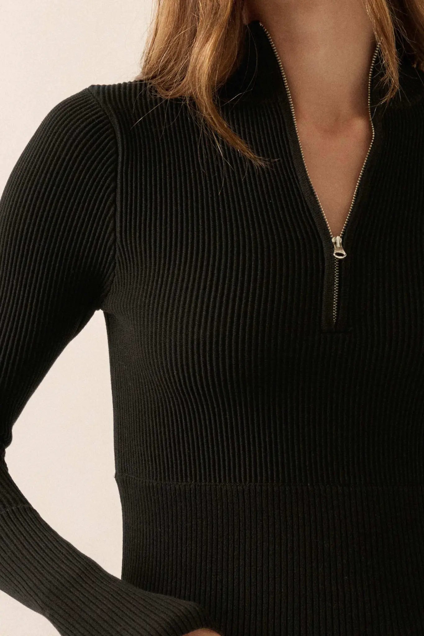Shaper Fit Rib-Knit Half-Zip Thumbhole Top