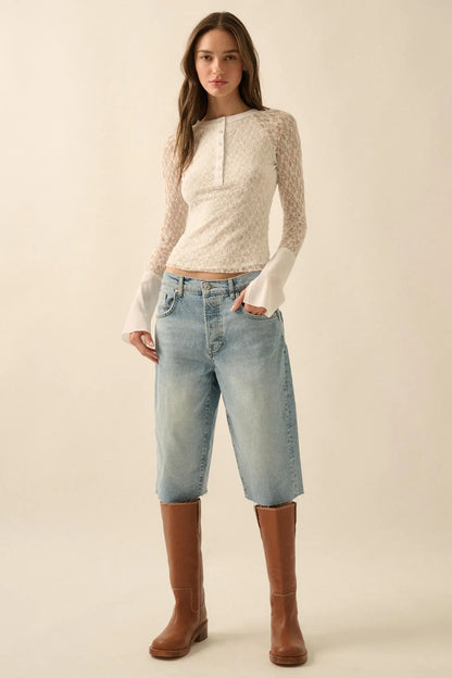 Casual Grace Floral Lace Raglan Henley Top