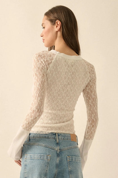 Casual Grace Floral Lace Raglan Henley Top