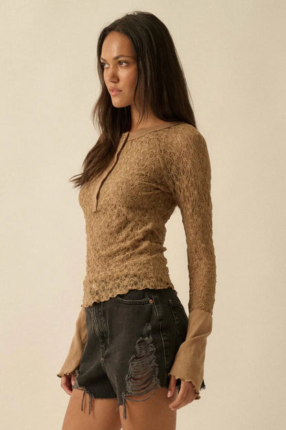 Casual Grace Floral Lace Raglan Henley Top