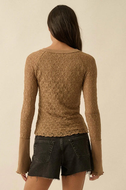 Casual Grace Floral Lace Raglan Henley Top
