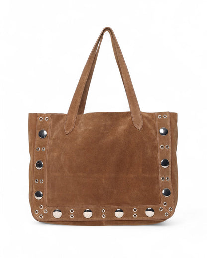 Flynn Studded Tote, Brown Suede Goat