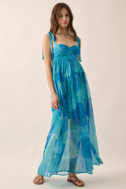 Coming Up Roses Floral Chiffon Tiered Maxi Dress
