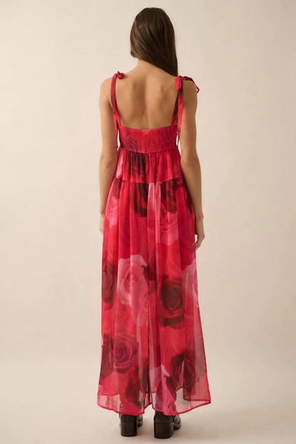 Coming Up Roses Floral Chiffon Tiered Maxi Dress