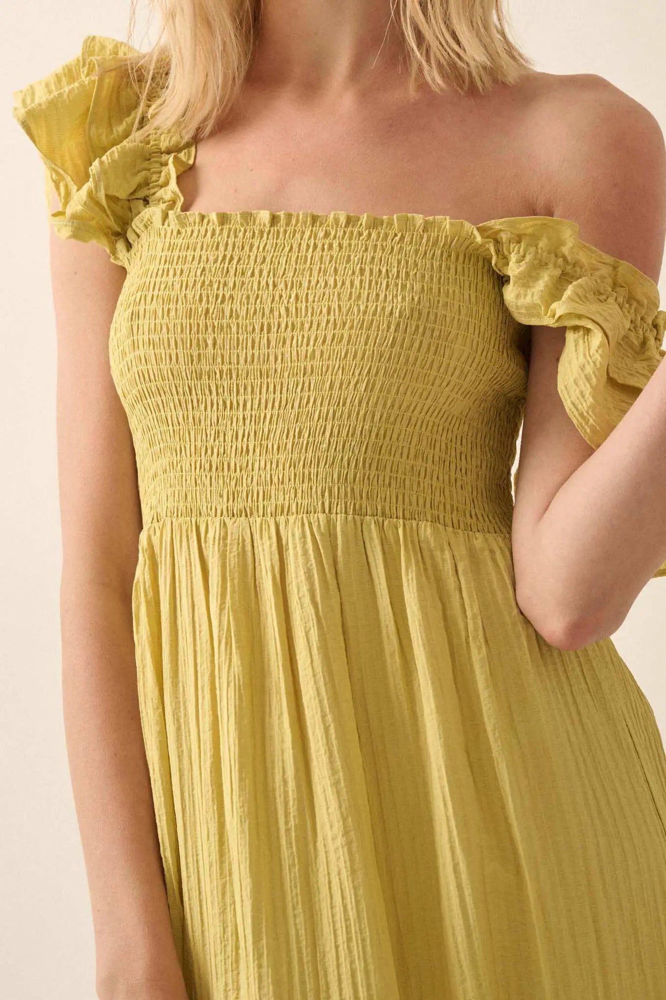 Spring Fling Textured Stripe Ruffle Midi Dress