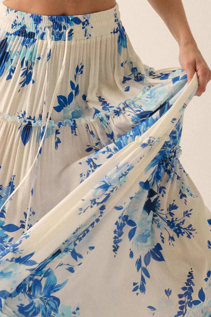 Cobalt Corsage Floral Tiered Ruffle Maxi Skirt
