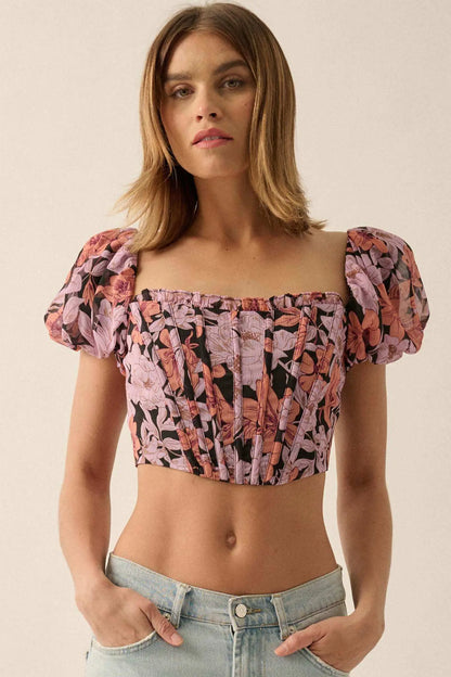 Fiji Feeling Floral Chiffon Puff-Sleeve Corset Top