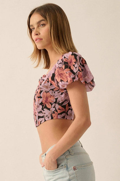 Fiji Feeling Floral Chiffon Puff-Sleeve Corset Top