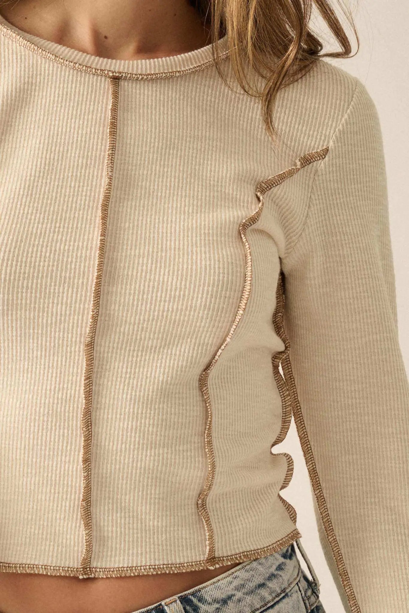 Wind Down Exposed-Seam Cropped Rib-Knit Top