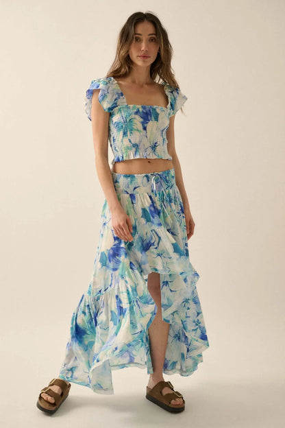 Sapphire Garden Floral Smocked Ruffle Crop Top
