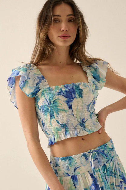 Sapphire Garden Floral Smocked Ruffle Crop Top