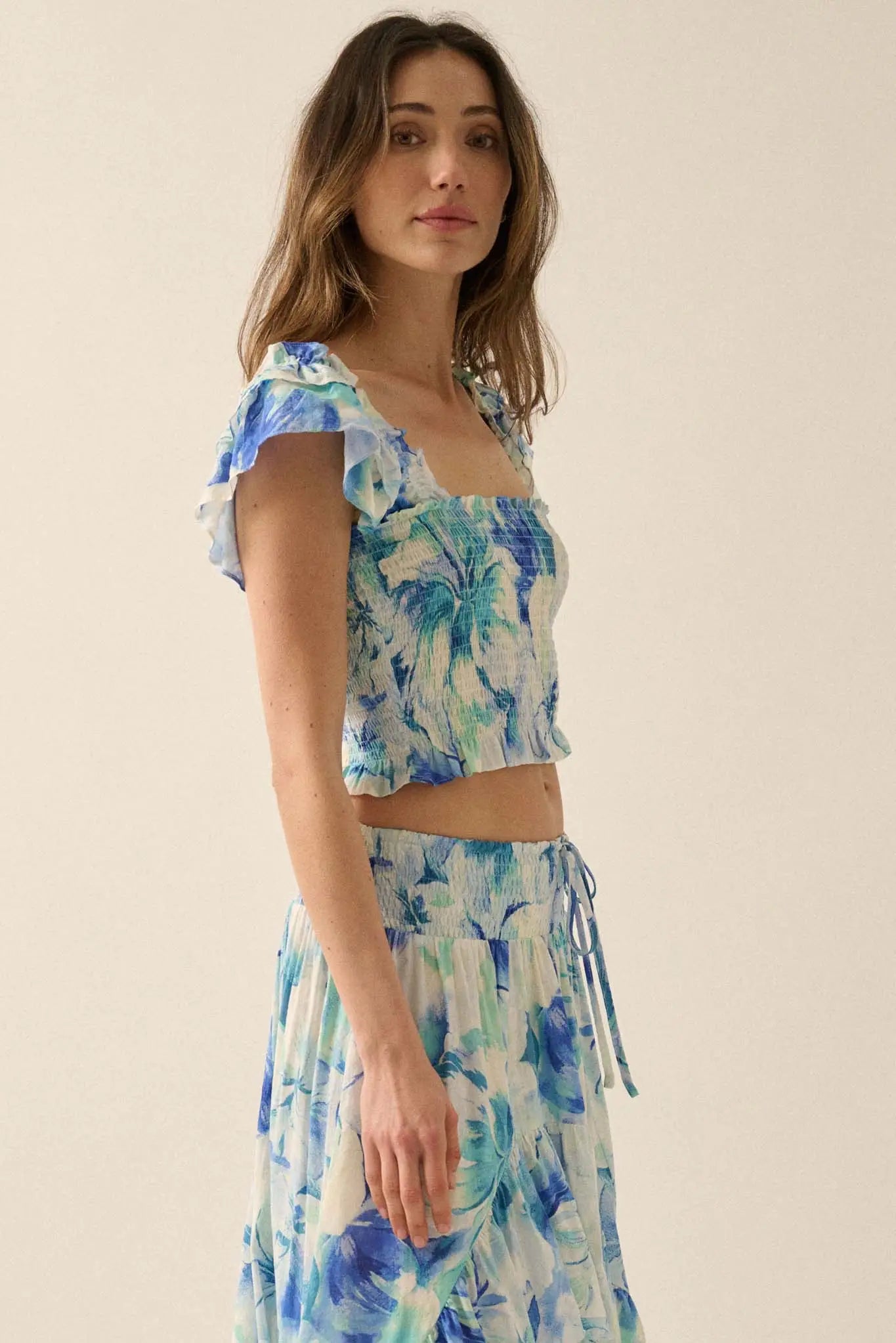 Sapphire Garden Floral Smocked Ruffle Crop Top