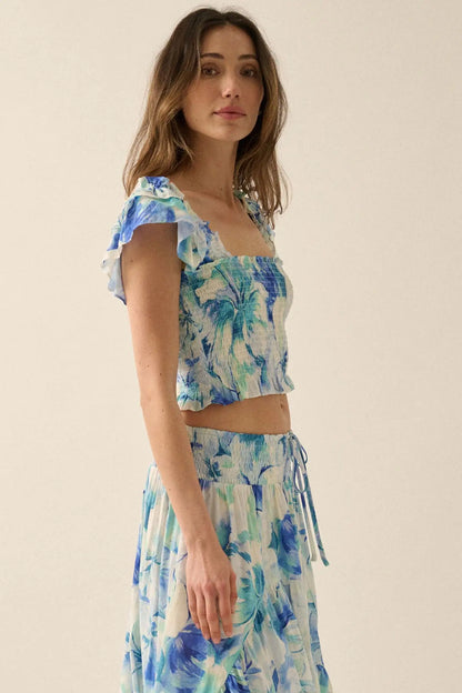 Sapphire Garden Floral Smocked Ruffle Crop Top