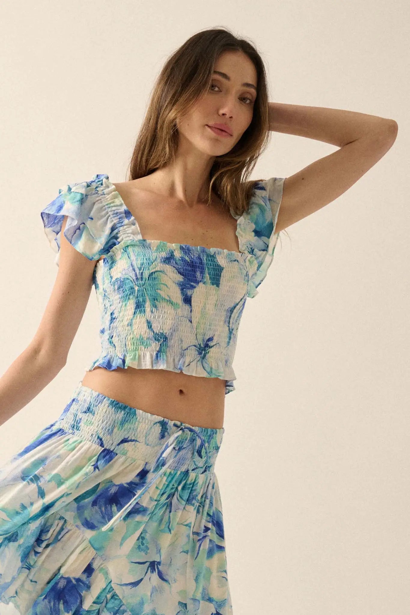 Sapphire Garden Floral Smocked Ruffle Crop Top