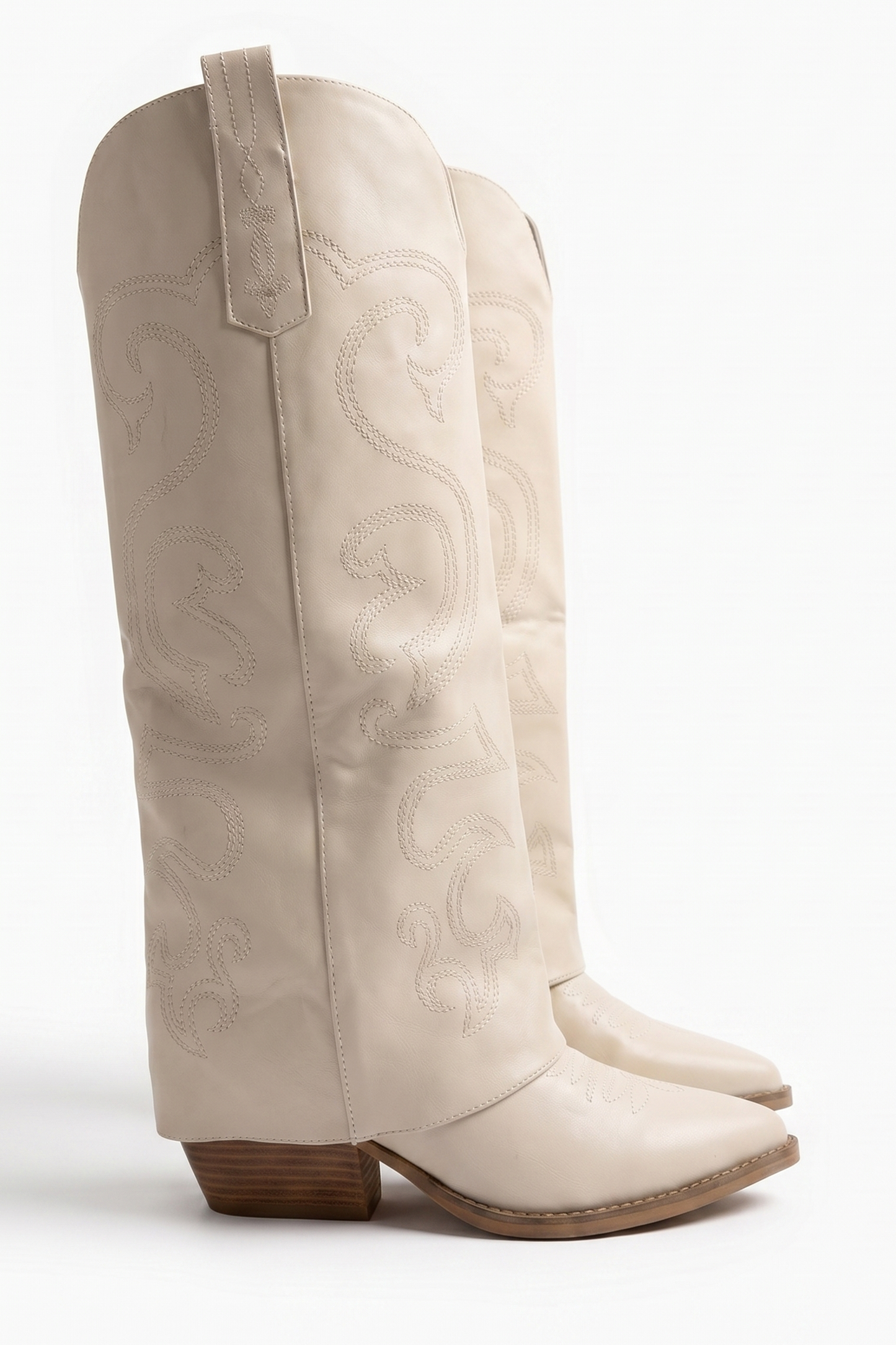 Beige PU Layered Knee High Cowboy Boots - Rebecca