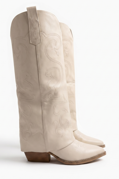 Beige PU Layered Knee High Cowboy Boots - Rebecca