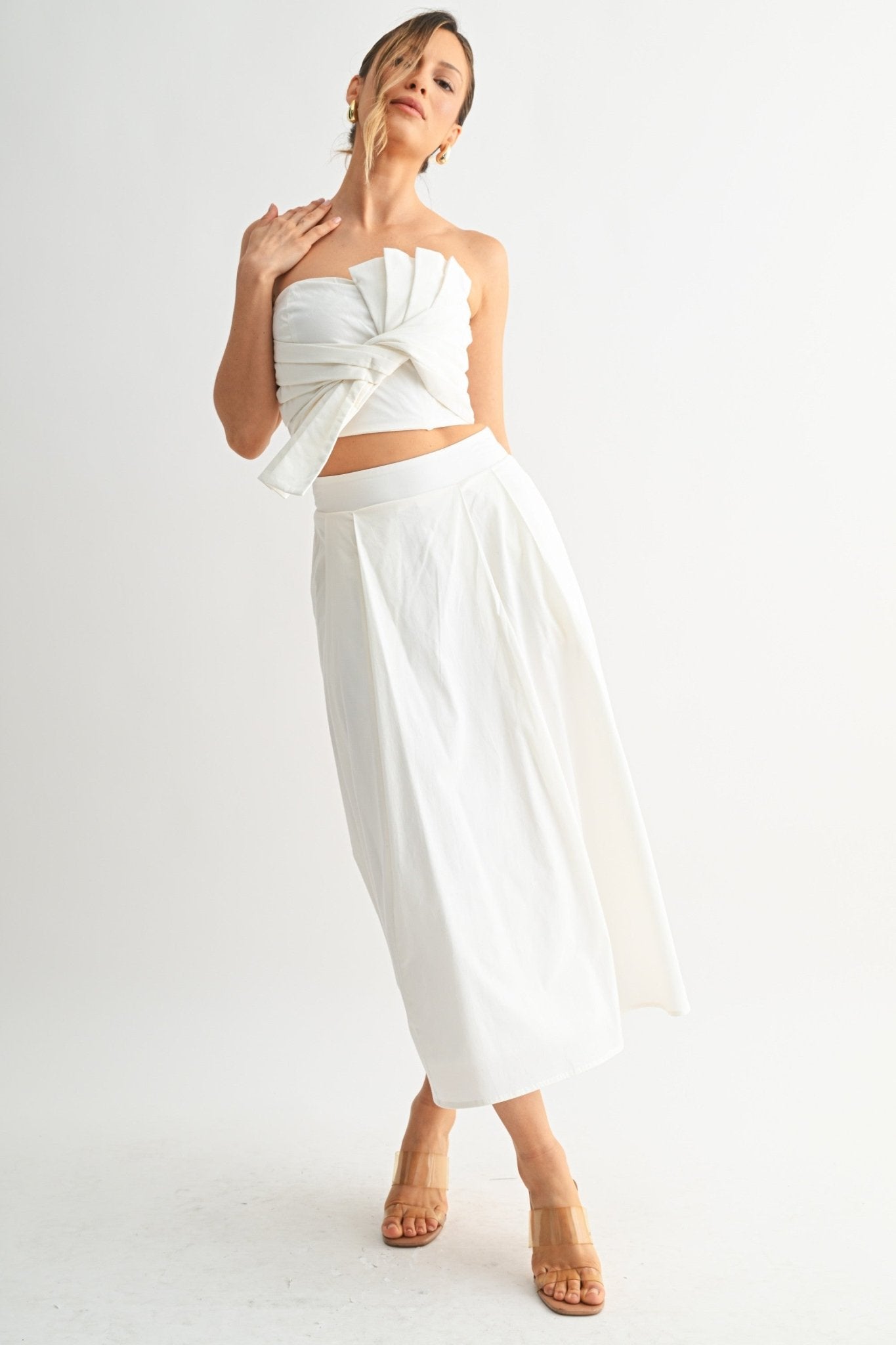 Brown Tied Pleat Crop Set