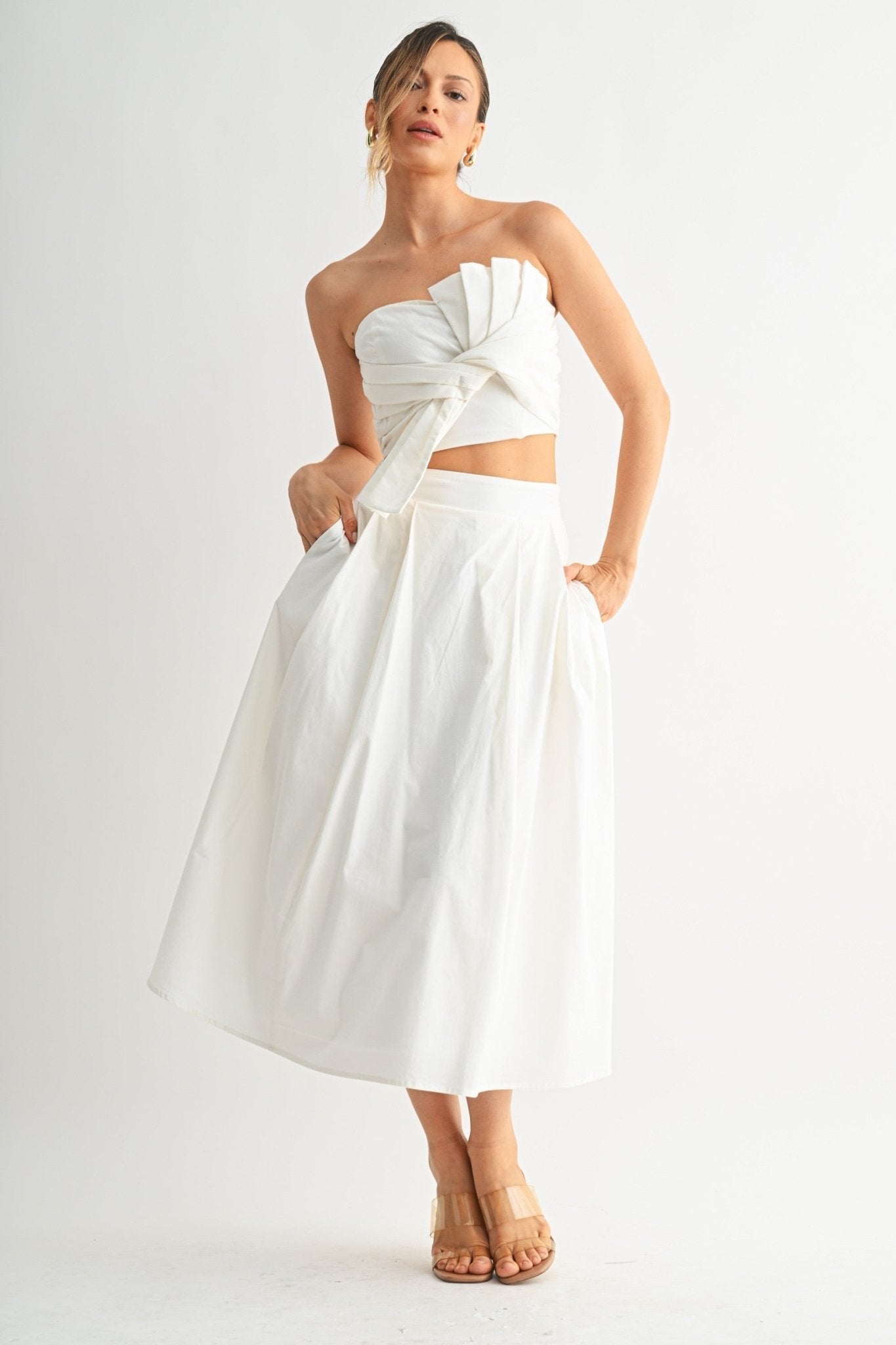 White Tied Pleat Skirt Set